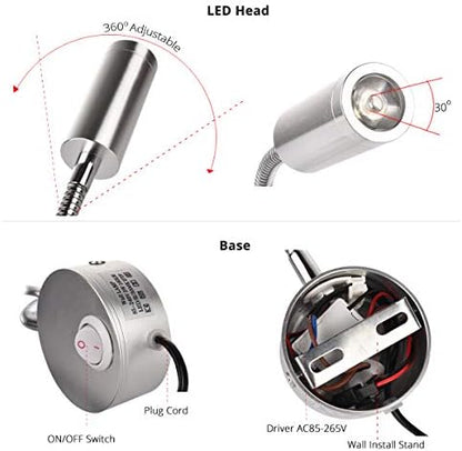 2-Pack Sleek Silver Bed Reading Light Wall Mount Lamp, 25° Focused Beam 3000K Warm White Adjust Neck Lamp, Polished Finish & Sand Silver Base, 4.92ft Plug-in, AC 85-265V