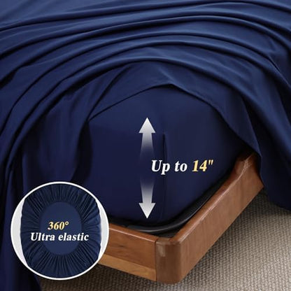 Luxudecor Queen Floral Comforter Set-7 Pieces Bed in a Bag,Colorful Flowers Print on Dark Blue Bedding Set,Soft Microfiber Comforter with Sheets for All Seasons (Dark Blue,90"x90")