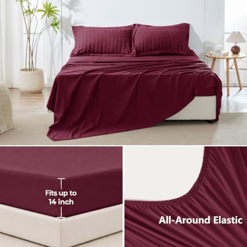 HIMEET Full Comforter Sets, 7-Piece Seersucker Bed in a Bag, Burgundy