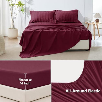 HIMEET Full Comforter Sets, 7-Piece Seersucker Bed in a Bag, Burgundy
