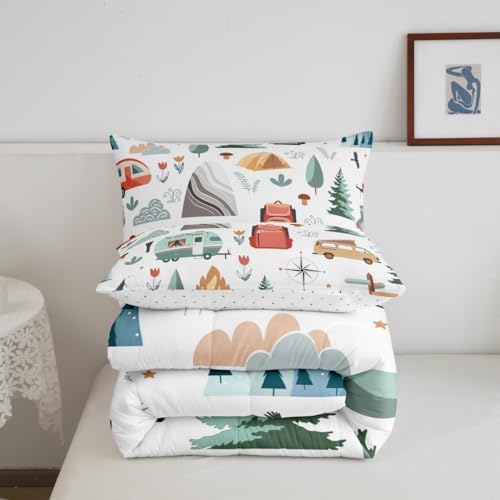 Homewish Camping Comforter Set King Size,Cartoon Pine Tree Bedding Set 3Pcs for Kids Girls Boys Teens Room Decor,Camper Adventure Theme Quilt Set Mountain Tent Pattern Duvet Insert,2 Pillowcases
