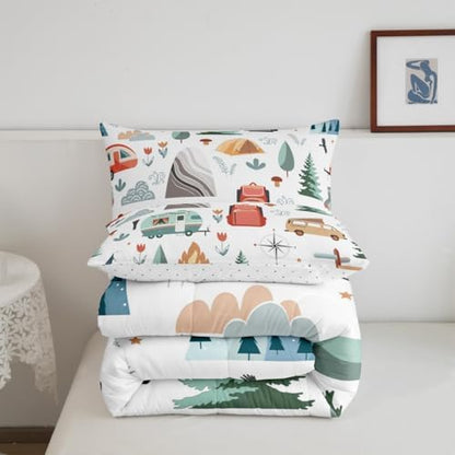 Homewish Camping Comforter Set King Size,Cartoon Pine Tree Bedding Set 3Pcs for Kids Girls Boys Teens Room Decor,Camper Adventure Theme Quilt Set Mountain Tent Pattern Duvet Insert,2 Pillowcases