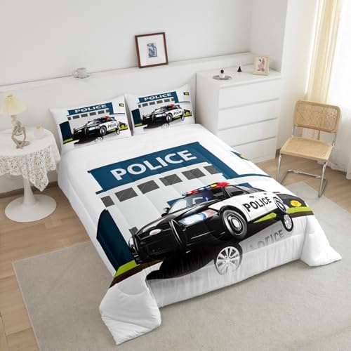 Children Police Car Down Comforter, 3D Car Pattern Comforter Set Queen Size for Kids Boys Girls Teens Bedroom, Cartoon Automobile Quilted Duvet, Decorative 3 Piece Bedding Set with 2 Pillow Cases