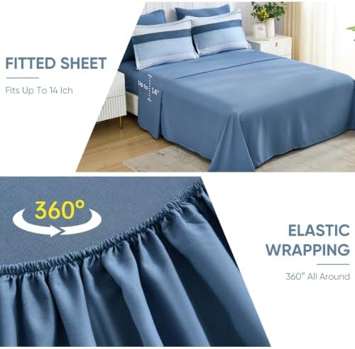 Comforter Set King Size 7 Piece Bed in a Bag Boho Haze Blue Striped Bedding Set Soft Microfiber Comforter and Sheet Set for All Season (King, 104"x90")