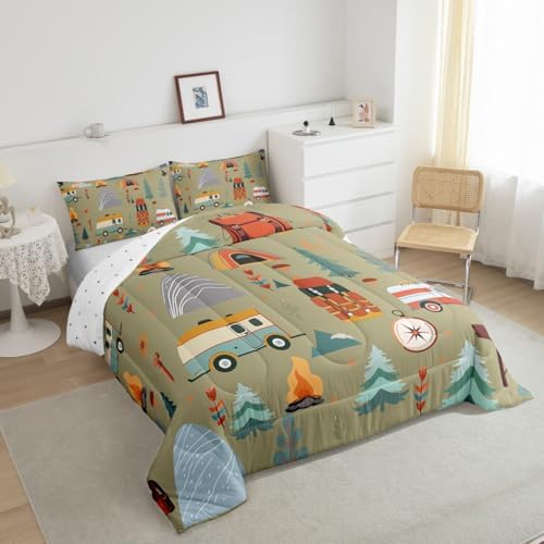 Feelyou Happy Camping Comforter Set for Kids Boys Girls King Size Travel Bag Tent Print Bedding Set Soft Outdoor Themed Duvet Quilt Travel Trailers Comforter Camping Gifts Duvet Quilt