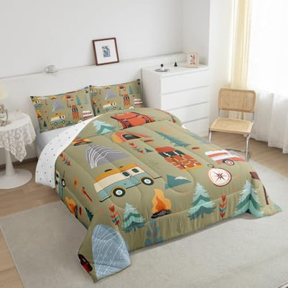 Feelyou Happy Camping Comforter Set for Kids Boys Girls Full Size Travel Bag Tent Print Bedding Set Soft Outdoor Themed Duvet Quilt Travel Trailers Comforter Camping Gifts Duvet Quilt