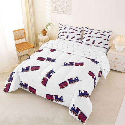 Feelyou Cute Retro Train Comforter Set King Size Vintage Steam Locomotive Down Bedding Set for Kids Boys Girls Transportation Vehicles Duvet Quilt Bedroom Decor Microfiber 3 Pcs with 2 Pillow Cases