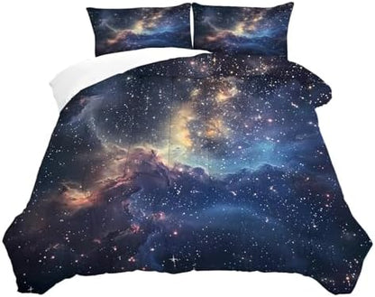 Galaxy Comforter Set Twin Size Space Bedding for Kids Girls Boys Starry Sky Cloud Glitter Stars Moon Bedroom Decor Quilt Bed Sets, 1 Comforter 1 Pillowcase