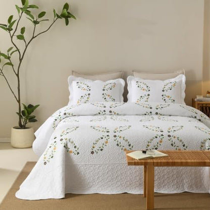 MarCielo 3pcs Cotton Quilt Set White Yellow Floral Embroidered