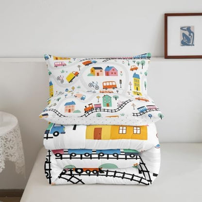 Erosebridal Cartoon City Car Kids Comforter Sets Bicycle Truck Train Full Bedding Set for Boys Girls House & Tree Cityscape Comforter Set Transportation Road & Railway Quilt Duvet 3 Pcs