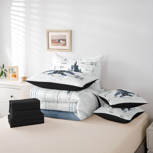 Erosebridal 7 Pcs Fighter Aircraft Full Comforter Set for Kids Boys Military Jet Bedding Set with Sheets Hand Drawn Grid Aircraft Bed in A Bag Modern Flying Airplane Bed Sets for Plane Lovers