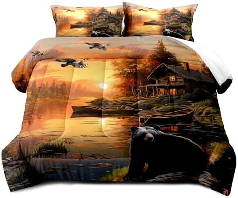 LUVIVIHOME 3PCS Black Bear Comforter Set Full Size, Rustic Cabin Bedding, Forest Animals Mallard Duck Wildlife Hunting Hunter Country Lodge Farmhouse Bedroom Decor, Microfiber Quilt, 2 Pillow Shams