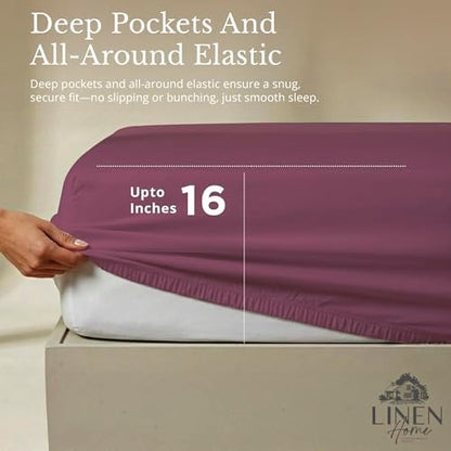Linen Home 100% Cotton Percale Sheets Twin Size Pack of 2, Damson Berry, Deep Pocket, 6 Pieces Set- 2 Flat, 2 Fitted and 2 Pillowcases, Crisp Cool and Long Staple Strong Bed Linen