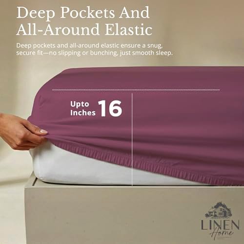 Linen Home 100% Cotton Percale Sheets California King Size, Damson Berry, Deep Pocket, 6 Pieces Set- 1 Flat, 1 Fitted and 4 Pillowcases, Crisp Cool and Long Staple Strong Bed Linen