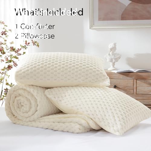 BEDELITE Fluffy Full Size Comforter Set, Cream Fleece Bed Set 3 Pieces