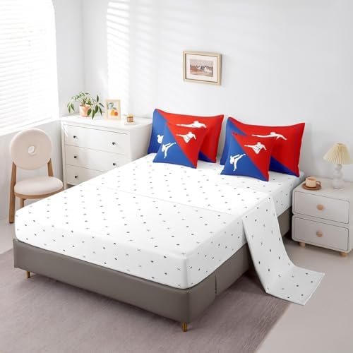 Castle Fairy 7 Pieces Taekwondo Comforter Set for Kids Blue Red Bedding Set Queen Size,Japanese Style Comforter for Boys Girls Adult Kungfu Super Soft Fade Resistant Microfiber Bedding