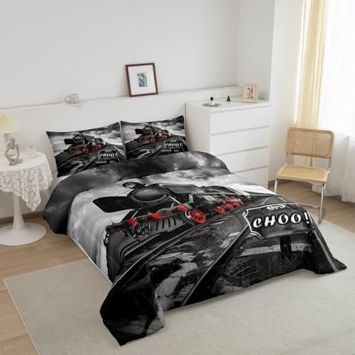 Retro Kids Comforter Set - Full Size, Black & Red Train Car Bedding Set - Vintage 3D Train Duvet Insert, 2 Pillowcases