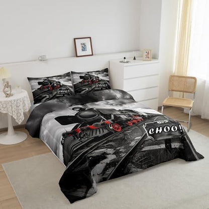 Retro Kids Comforter Set - Full Size, Black & Red Train Car Bedding Set - Vintage 3D Train Duvet Insert, 2 Pillowcases