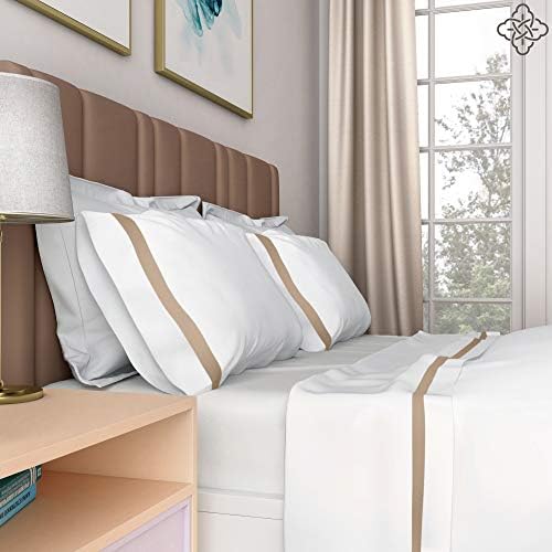BIOWEAVES 100% Organic Cotton Banded Sheet Set, Soft Sateen Weave GOTS Certified with deep Pockets (King, White & Sand)
