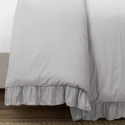 Lush Decor Reyna Ruffle Cotton Duvet Cover Set 3 Piece Set Full/ Queen, Light Gray - Queen Size Bedding Set - Gray Duvet Queen- Ruffled Bedding - Coquette Decor