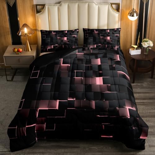 Erosebridal Pink and Black Comforter Set King Neon Geometric Checkered Bedding Set for Kids Girls Teen,Tereoscopic Grids Comforter Square Plaid Quilt Duvet Room Decor 3 Pcs