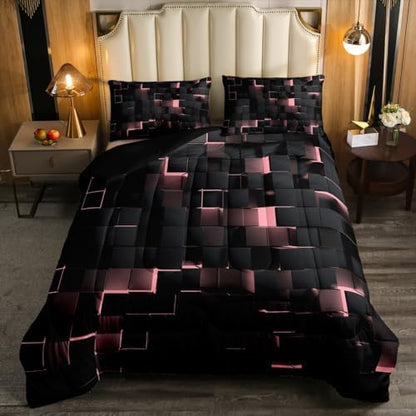 Erosebridal Pink and Black Comforter Set King Neon Geometric Checkered Bedding Set for Kids Girls Teen,Tereoscopic Grids Comforter Square Plaid Quilt Duvet Room Decor 3 Pcs