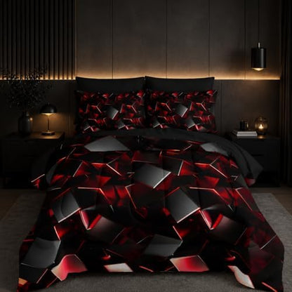 Nttopship Red and Black Geometric Comforter Set Full Size 7PCS,Abstract Triangular Printed Bedding Set for Adults,Geometric Mordern Art Decor All Seasons with Pillowcases,Flat, Fitted Sheet