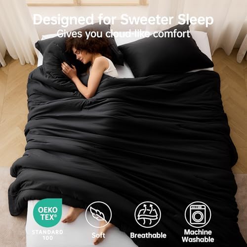 MUXHOMO Black Oversized Queen Comforter Sets, All Season Ultra Soft Down Alternative Bedding - 3 Piece Lightweight Bed Set Includes 1 Comforter (98"*98") and 2 Pillow Shams (20"x26")