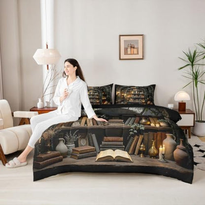 Erosebridal Bookshelf 7 Piece Bedding Set Queen Vintage Rustic Witchy Comforter Set with Sheets Dark Farmhouse Country Books Bed in a Bag Wooden Board Reading Bed Sets Comforter