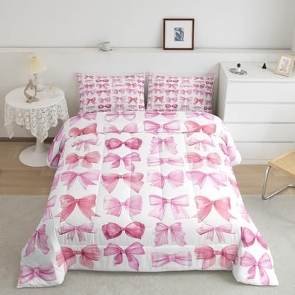 Feelyou Pink Bow Bedding Set for Kids Girls Woman Full Size Bowknot Comforter Set Ultra Soft Cute Coquette Bow Knot Comforter Bow Pattern Duvet Quilt Bedroom Decor Bow Decor Quilt