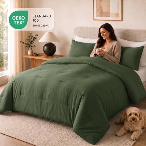 CozyLux California King Comforter Set, 3 Pieces Olive Green Quilted Bedding