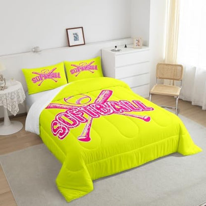 Homewish Teens Softball Comforter Set Queen Size,Ball Games Theme Bedding Set for Kids Boys Girls Bedroom Decoration,Yellow Pink Bed Duvet Insert,Sports Softball Comforter with 2 Pillowcases