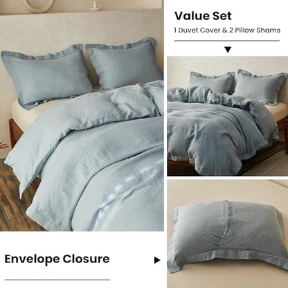 Simple&Opulence 100% Linen Duvet Cover Set with Crossed Embroidery Washed - 3 Pieces (1 Duvet Cover with 2 Pillow Shams) Soft Breathable Farmhouse - Dusty Blue, Queen Size