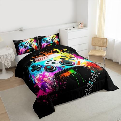 Erosebridal Gaming Bedding Set - Baseball Full Comforter Set, Watercolor Game Console Comforter Set, Rainbow Tie Dye Sports Bedding Set for Boys, Gamer Decor for Boys' Bedroom