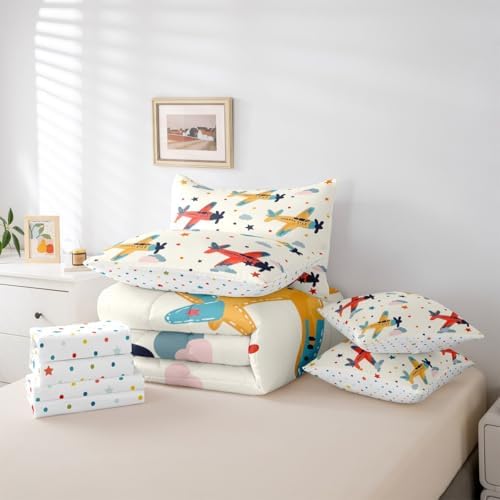 Erosebridal Aircraft Kids King Comforter Set with Sheets 7 piece Cartoon Airplane Clouds Bed in A Bag Flying Plane Stars Print Bedding Sets for Boys Girls Airplane Enthusiasts,Aviation Theme Bed Set