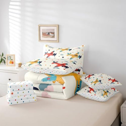 Erosebridal Aircraft Kids King Comforter Set with Sheets 7 piece Cartoon Airplane Clouds Bed in A Bag Flying Plane Stars Print Bedding Sets for Boys Girls Airplane Enthusiasts,Aviation Theme Bed Set