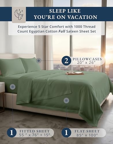 LANE LINEN Full Bedding Set with Sheets Silky Sateen Weave - Iceberg Green