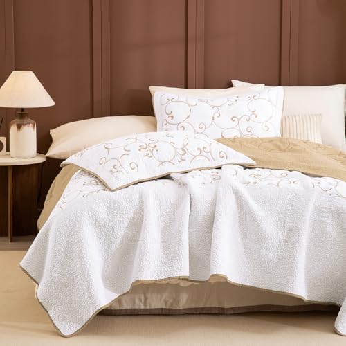 Lady Ann Oversized King 120x120 Quilt Bedspreads,100% Cotton Embroidery Pattern California King Size Quilt Bedding Set Extra Large White with Gold Bedding Coverlet Sets Lightweight All Season 3 Pcs
