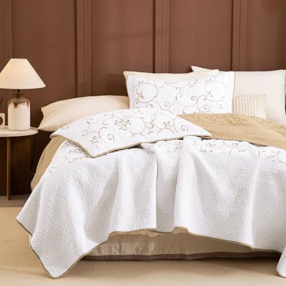 Lady Ann Oversized King 120x120 Quilt Bedspreads,100% Cotton Embroidery Pattern California King Size Quilt Bedding Set Extra Large White with Gold Bedding Coverlet Sets Lightweight All Season 3 Pcs