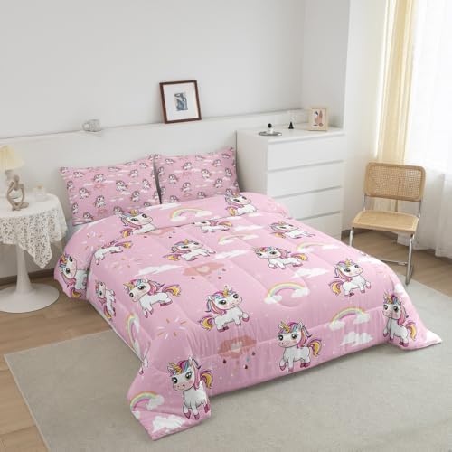 Homewish Cute Unicorn Bedding Set Cartoon Rainbow Comforter Set for Kids Boys Lovely Horse Comforter Kawaii Theme Quilt Set 1 Comforter Set with 1 Pillowcase Toddler Size