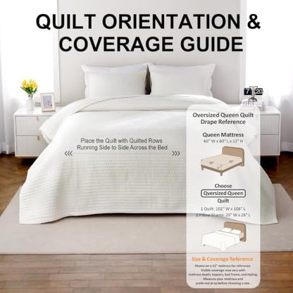 Oversized Queen Quilt Set 102 x 106 in, Lightweight, Cream White
