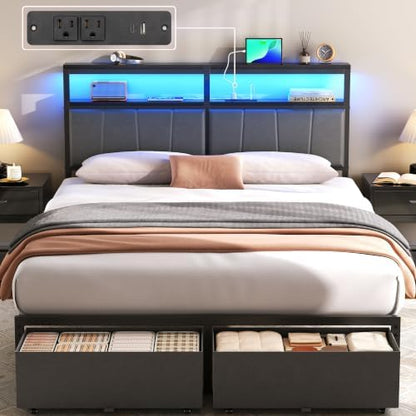 Full Bed Frame with Storage Drawers and Charging Station, Grey