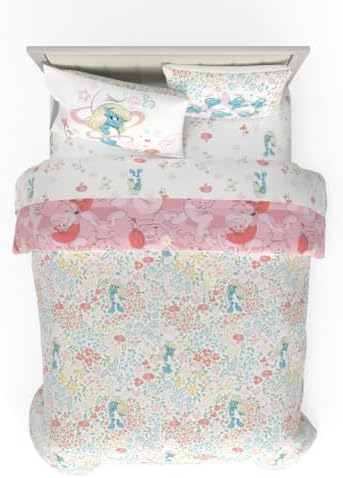 The Smurfs Smurfette Full Bedding Set – 7 Piece Kids Super Soft Microfiber Reversible Comforter & Sheet Set - Pink, (Officially Licensed Product) by Franco