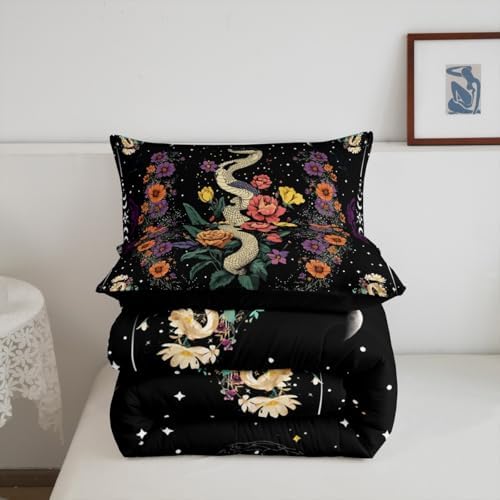 Snake Comforter Set Queen Size,Bohemian Daisy Floral Bedding Set 3Pcs for Kids Girls Boys Teens Room Decor,Sun Moon Starry Sky Quilted Duvet Vintage Hippie Exotic Down Comforter,2 Pillowcases
