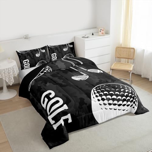 Erosebridal Golf Print Bedding Comforter Sets Black Camo Bedding Set Full Kids Boys Teens Camouflage Duvet Insert Sports Themed Quilted Comforter,Golf Balls Gaming Bedding 3pcs Soft Microfiber Bed Set