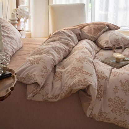 VM VOUGEMARKET Monet Flower Duvet Cover King 3 Pieces Retro Jacquard Floral Bedding Set,Linen Cotton Yarn-Dyed Textured Comforter Cover with Bowknot-104 x90,Pumpkin