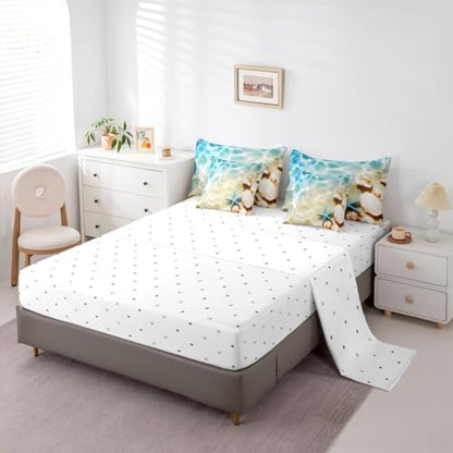 Erosebridal Ocean 7 Piece Bedding Set Queen Beach Comforter Set with Sheets Coastal Nature Bed in A Bag Hawaiian Sea Wave Animals Shell Starfish Bed Sets with 2 Pillowcases, 2 Throw Pillow Covers