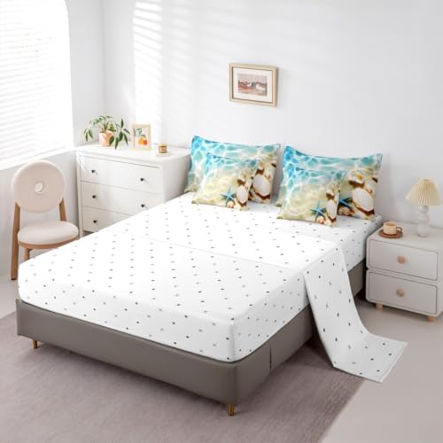 Erosebridal Ocean 7 Piece Bedding Set Twin Beach Comforter Set with Sheets Coastal Nature Bed in A Bag Hawaiian Sea Wave Animals Shell Starfish Bed Sets with 2 Pillowcases, 2 Throw Pillow Covers
