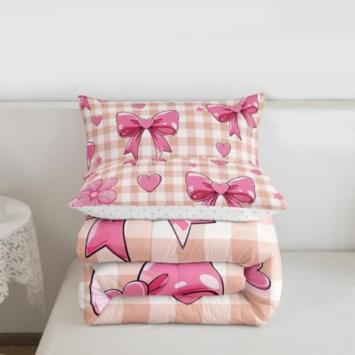 jejeloiu Checkerboard Bowknot Bedding Set Soft for Boys Girls, Pink Bow Comforter Set Toddler Size Plaid Duvet Quilt Microfiber Bedroom Decor 2 Pcs with 1 Pillow Cases