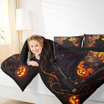 Fairy Witch Kids Comforter Set King Size,Halloween Pumpkin Lantern Lamp Gothic Retro Bedding Set,Girls Boys Room Decor,Branch Dead Magical Quilt Comforter,Trippy Chic Duvet Insert,2 Pillowcases